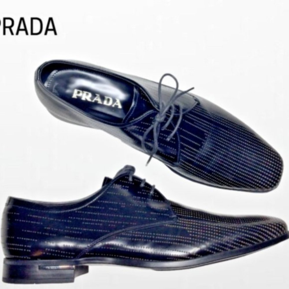 Prada Men's Black Perforated Leather Derby Oxford Dress Shoe Size 8 - Picture 1 of 8